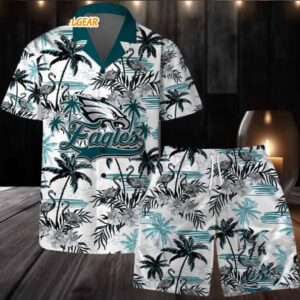 Philadelphia Eagles Football Team Logo Pattern Flamingo Hibiscus Summer Hawaiian Shirt And Beach Short