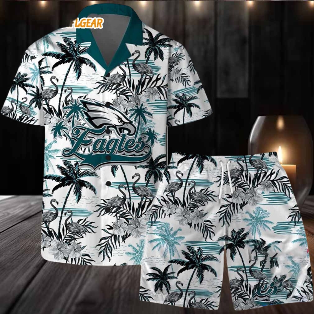 Philadelphia Eagles Football Team Logo Pattern Flamingo Hibiscus Summer Hawaiian Shirt And Beach Short