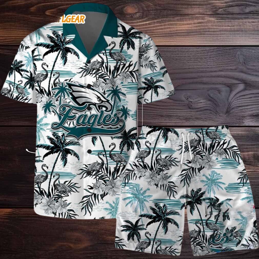 Philadelphia Eagles Football Team Logo Pattern Flamingo Hibiscus Summer Hawaiian Shirt And Beach Short Philadelphia Eagles Football Team Logo Pattern Flamingo Hibiscus Summer Hawaiian Shirt And Beach Short
