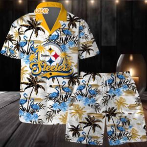 Pittsburgh Steelers Football Team Logo Pattern Flamingo Hibiscus Summer Hawaiian Shirt And Beach Short