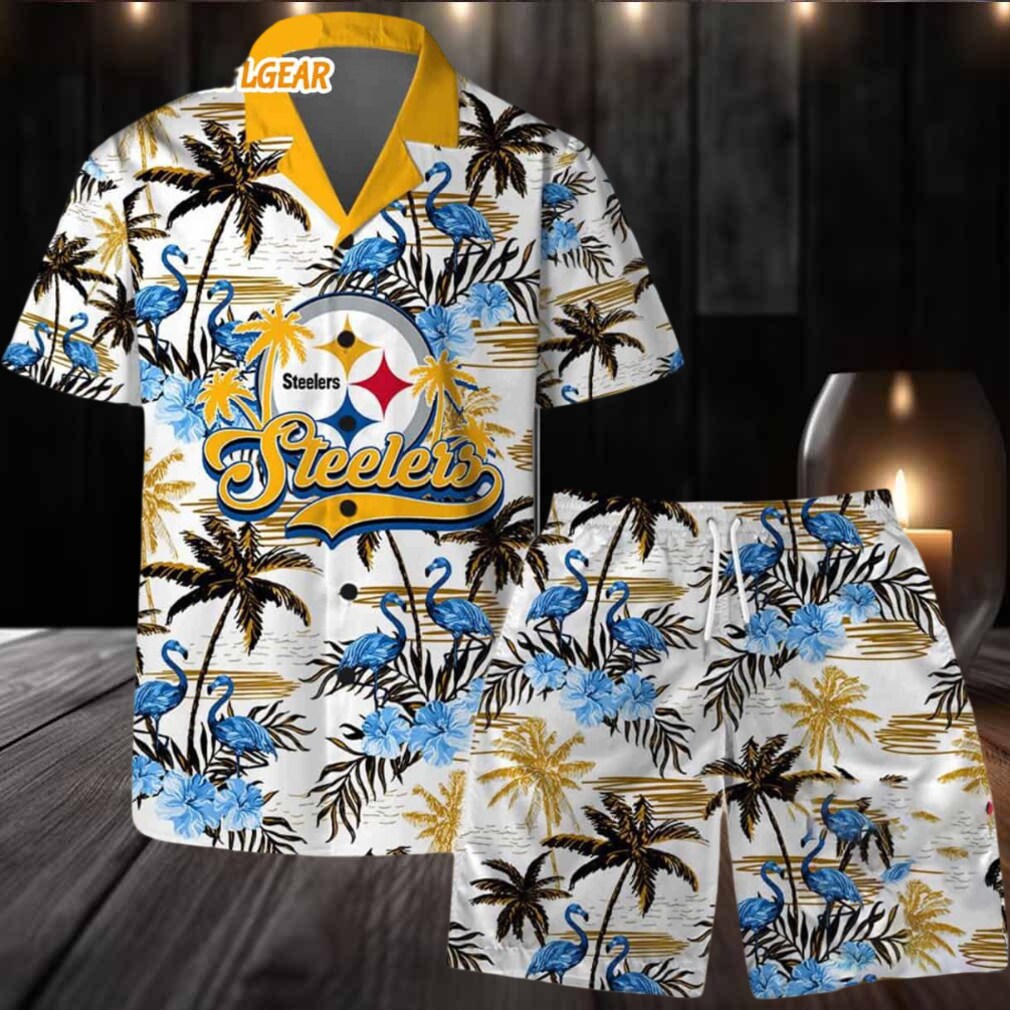 Pittsburgh Steelers Football Team Logo Pattern Flamingo Hibiscus Summer Hawaiian Shirt And Beach Short Pittsburgh Steelers Football Team Logo Pattern Flamingo Hibiscus Summer Hawaiian Shirt And Beach Short