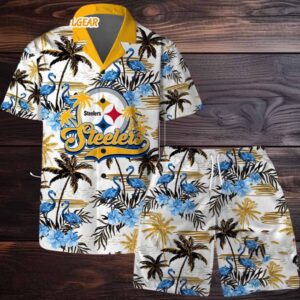 Pittsburgh Steelers Football Team Logo Pattern Flamingo Hibiscus Summer Hawaiian Shirt And Beach Short