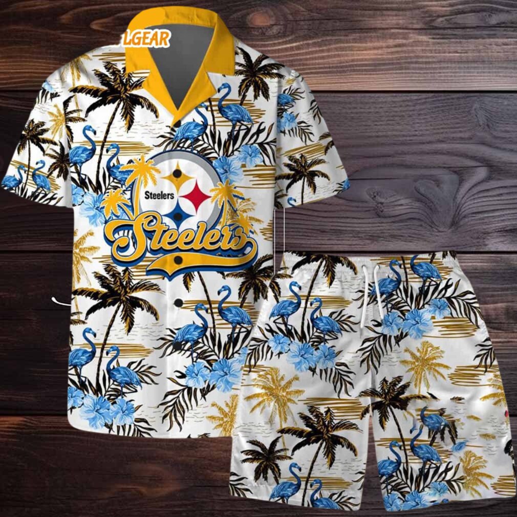 Pittsburgh Steelers Football Team Logo Pattern Flamingo Hibiscus Summer Hawaiian Shirt And Beach Short Pittsburgh Steelers Football Team Logo Pattern Flamingo Hibiscus Summer Hawaiian Shirt And Beach Short