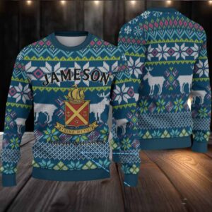 Teal Jameson Irish Whiskey Stag & Crest Pattern Christmas Ugly Sweater