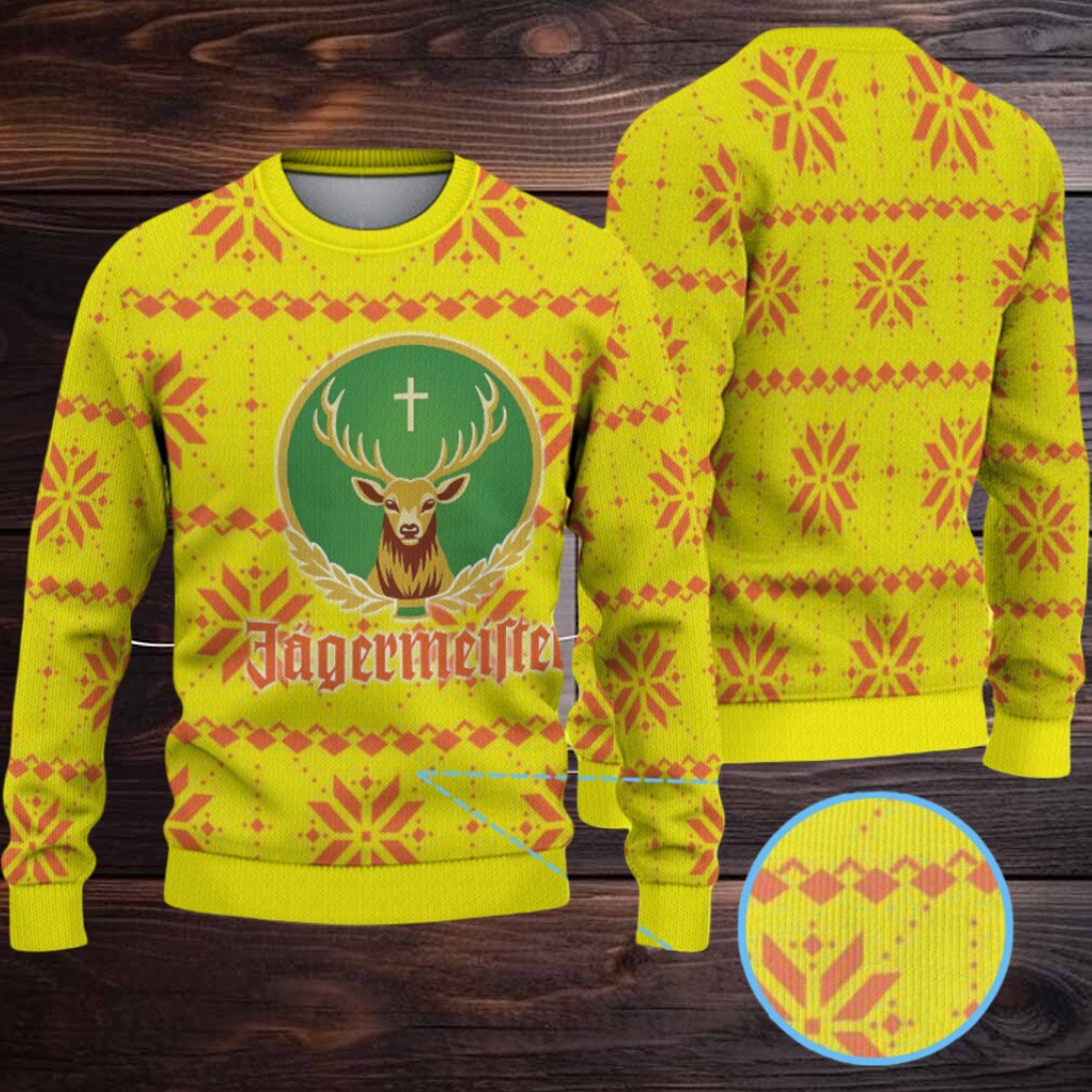 Neon Yellow with Orange Snowflake and Diamond Pattern Ugly Christmas Sweater Jagermeister Stag Logo Neon Yellow with Orange Snowflake and Diamond Pattern Ugly Christmas Sweater Jagermeister Stag Logo