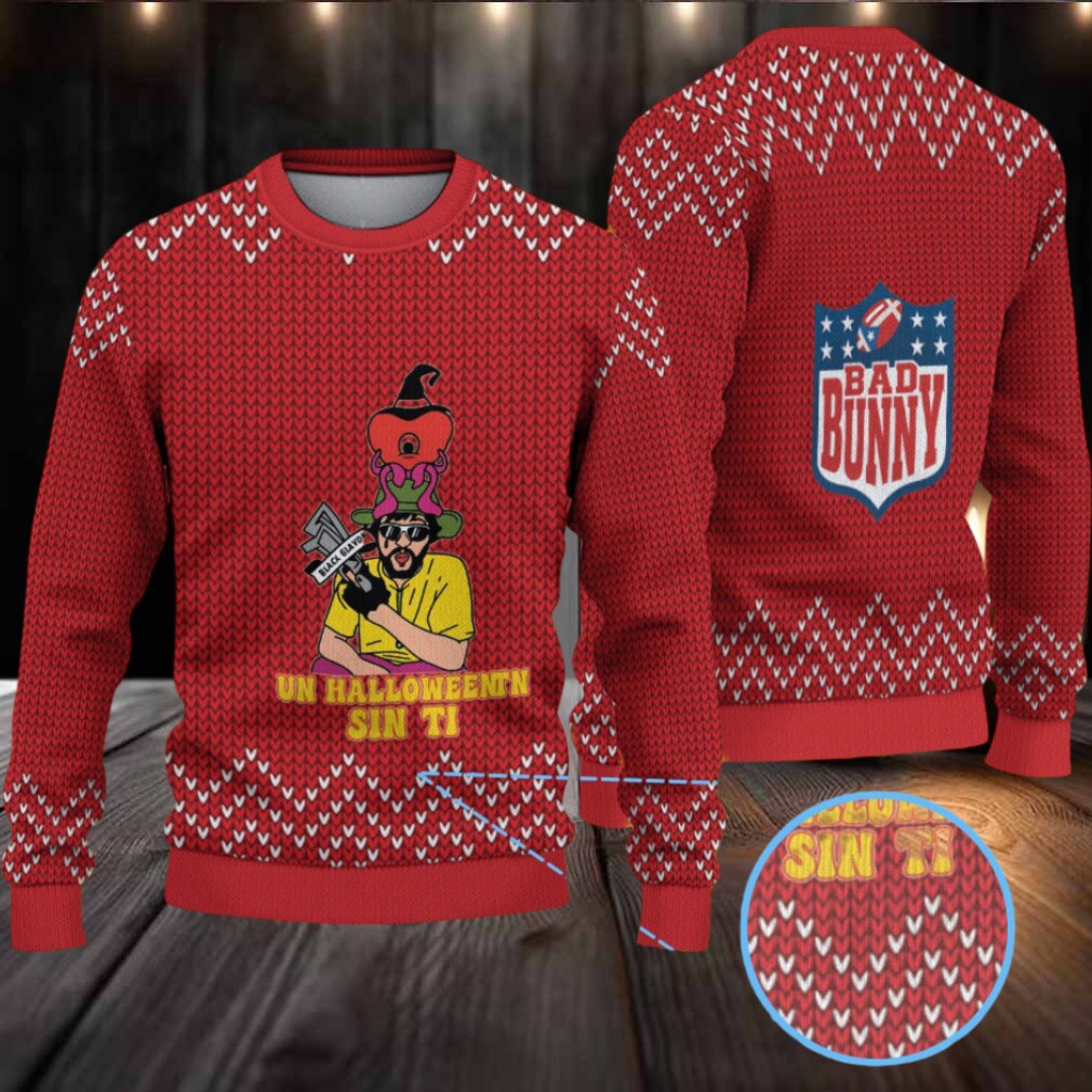 Red Chevron Knit “Bad Bunny Un Halloween Sin Ti” Ugly Christmas Sweater Red Chevron Knit “Bad Bunny Un Halloween Sin Ti” Ugly Christmas Sweater