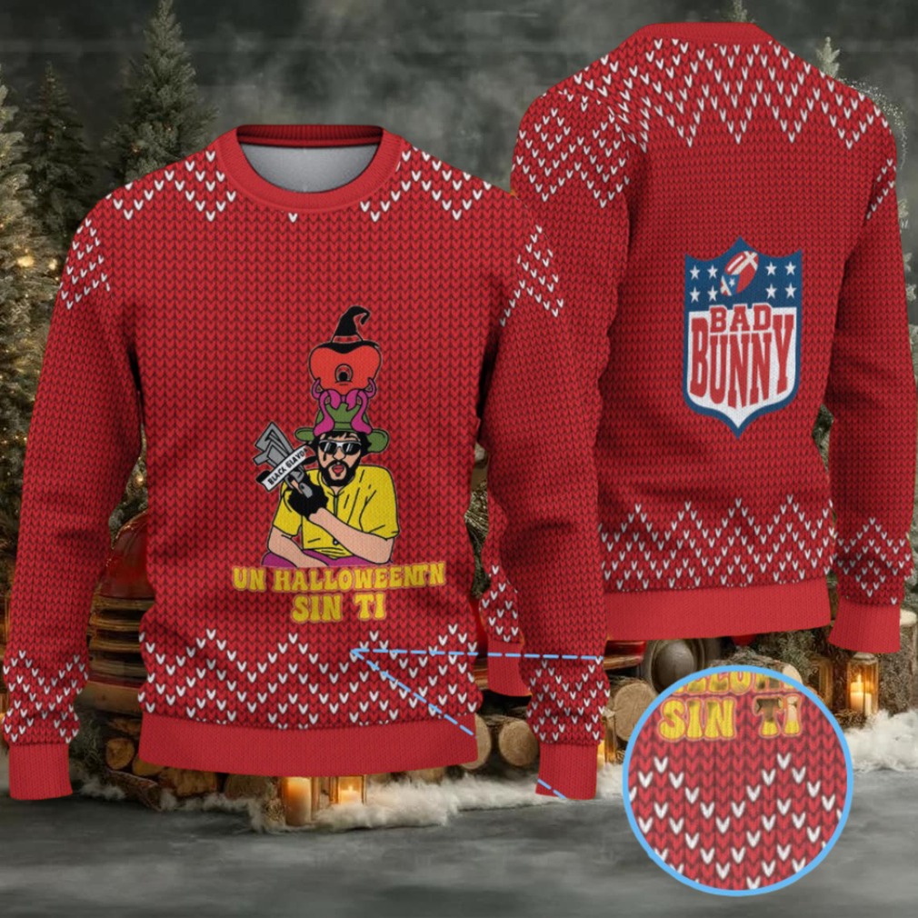 Red Chevron Knit “Bad Bunny Un Halloween Sin Ti” Ugly Christmas Sweater Red Chevron Knit “Bad Bunny Un Halloween Sin Ti” Ugly Christmas Sweater