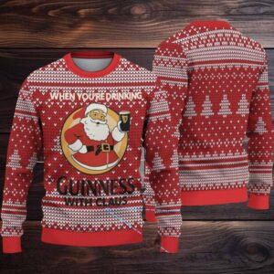 Red Fair Isle Hearts & Christmas Trees Guinness “With Claus” Ugly Christmas Sweater