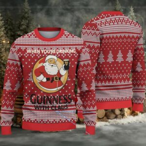Red Fair Isle Hearts & Christmas Trees Guinness “With Claus” Ugly Christmas Sweater