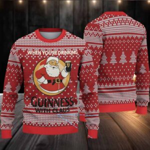Red Fair Isle Hearts & Christmas Trees Guinness “With Claus” Ugly Christmas Sweater