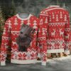 Burgundy Red Snowflake and Pixel Tree Pattern Ugly Christmas Sweater Jagermeister Stag Logo
