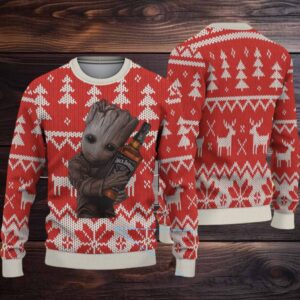 Red Fair Isle Reindeer and Tree Ugly Christmas Sweater Jack Daniel’s Whiskey with Baby Groot Holding Bottle