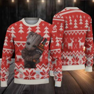 Red Fair Isle Reindeer and Tree Ugly Christmas Sweater Jack Daniel’s Whiskey with Baby Groot Holding Bottle