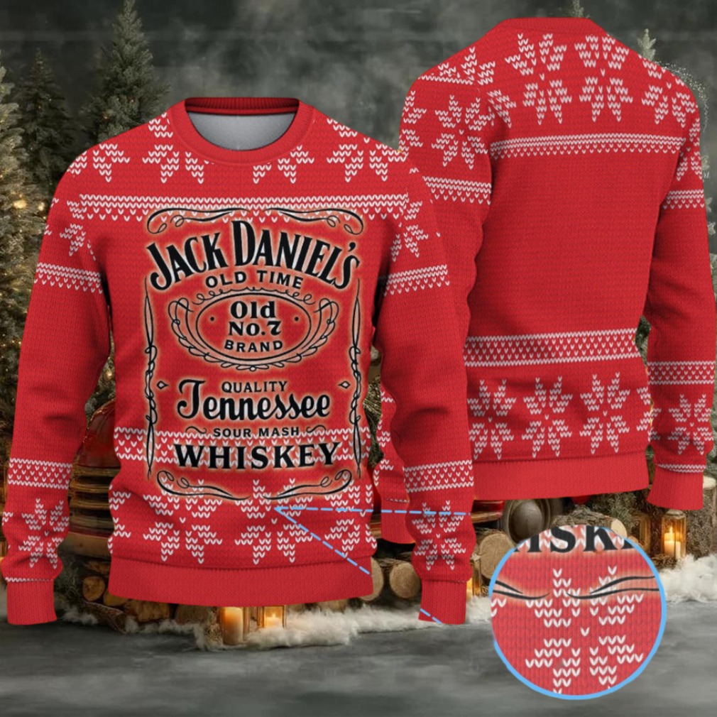 Red Fair Isle Snowflake Ugly Christmas Sweater Jack Daniel’s Old No. 7 Tennessee Whiskey Label Red Fair Isle Snowflake Ugly Christmas Sweater Jack Daniel’s Old No. 7 Tennessee Whiskey Label