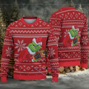 Red Fair Isle Snowflake Ugly Christmas Sweater Jack Daniel’s Whiskey with Grinch Holding Bottle Pattern