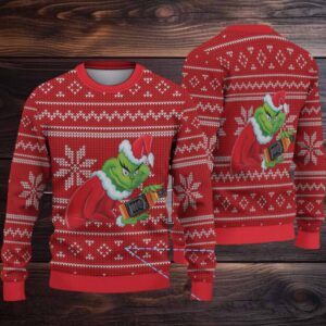 Red Fair Isle Snowflake Ugly Christmas Sweater Jack Daniel’s Whiskey with Grinch Holding Bottle Pattern