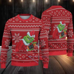 Red Fair Isle Snowflake Ugly Christmas Sweater Jack Daniel’s Whiskey with Grinch Holding Bottle Pattern