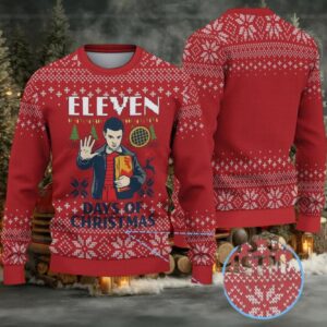 Red Fair Isle Snowflake Ugly Christmas Sweater Stranger Things Eleven Days of Christmas with Eggo Waffle