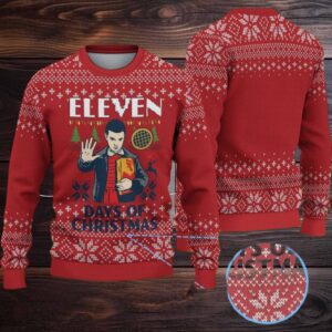 Red Fair Isle Snowflake Ugly Christmas Sweater Stranger Things Eleven Days of Christmas with Eggo Waffle