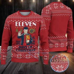 Red Fair Isle Snowflake Ugly Christmas Sweater Stranger Things Eleven Days of Christmas with Eggo Waffle