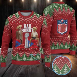 Red & Green Christmas Tree Pattern “Bad Bunny Trophy Season” Ugly Christmas Sweater