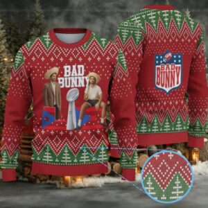 Red & Green Christmas Tree Pattern “Bad Bunny Trophy Season” Ugly Christmas Sweater