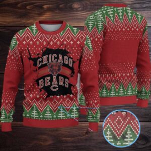 Red & Green Christmas Tree Pattern “Chicago Bears Logo Burst” Ugly Christmas Sweater