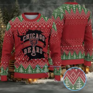 Red & Green Christmas Tree Pattern “Chicago Bears Logo Burst” Ugly Christmas Sweater