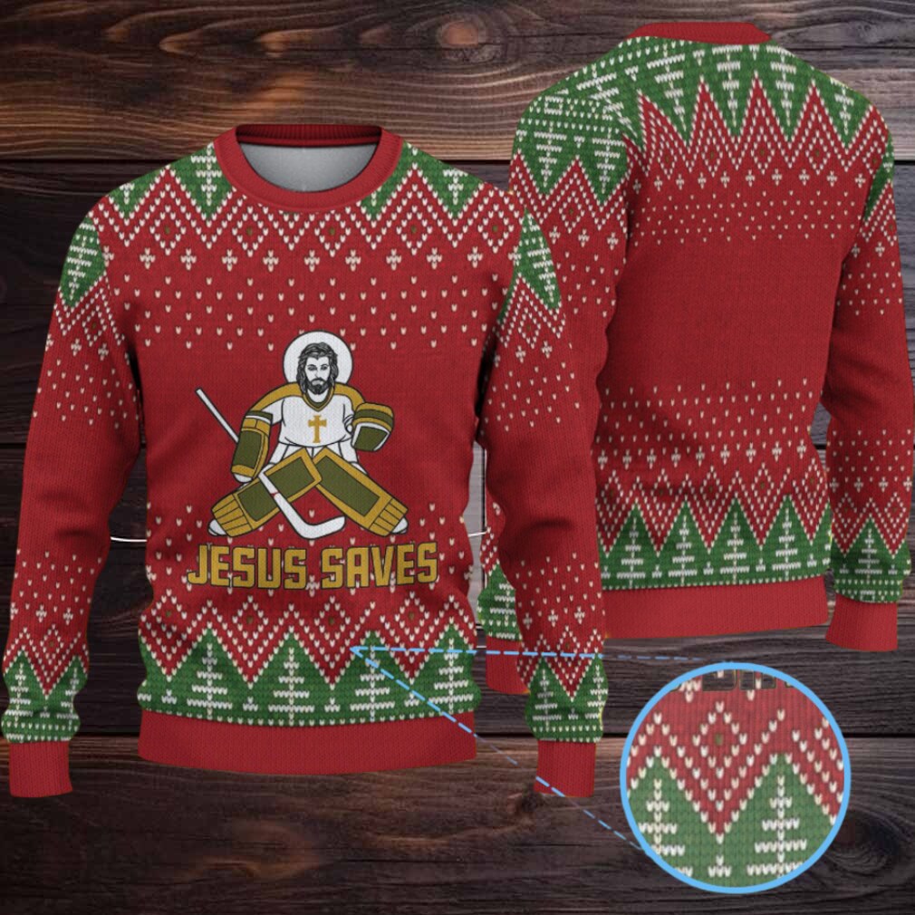 Red & Green Christmas Tree Pattern “Jesus Saves Hockey Goalie” Ugly Christmas Sweater Red & Green Christmas Tree Pattern “Jesus Saves Hockey Goalie” Ugly Christmas Sweater