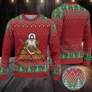 Red & Green Christmas Tree Pattern “Jesus Saves Hockey Goalie” Ugly Christmas Sweater