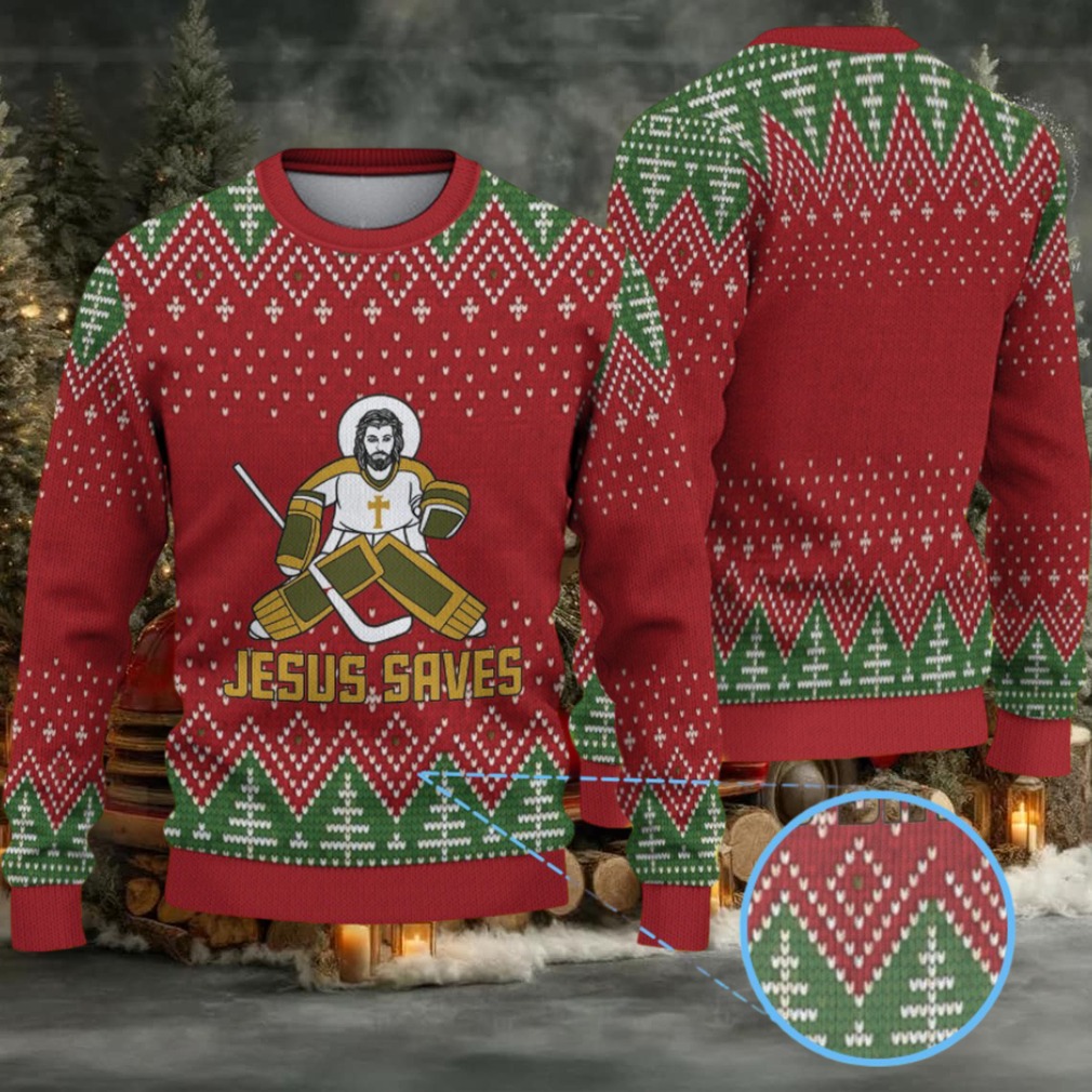 Red & Green Christmas Tree Pattern “Jesus Saves Hockey Goalie” Ugly Christmas Sweater Red & Green Christmas Tree Pattern “Jesus Saves Hockey Goalie” Ugly Christmas Sweater