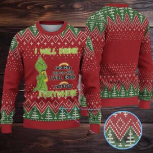 Red Green Twisted Tea Grinch Christmas Tree Pattern Ugly Sweater