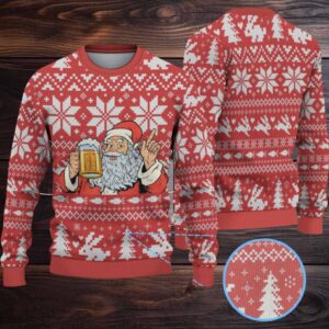 Red Jagermeister Santa Drinking Beer Christmas Ugly Sweater
