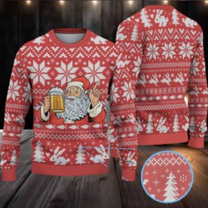 Red Jagermeister Santa Drinking Beer Christmas Ugly Sweater