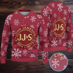 Red Jameson Whiskey JJ&S Logo Snowflake Blizzard Christmas Ugly Sweater