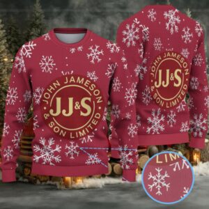 Red Jameson Whiskey JJ&S Logo Snowflake Blizzard Christmas Ugly Sweater