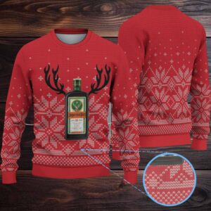 Red Nordic Snowflake Pattern Ugly Christmas Sweater Jagermeister Bottle Antlers