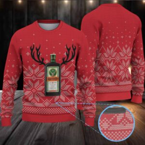 Red Nordic Snowflake Pattern Ugly Christmas Sweater Jagermeister Bottle Antlers