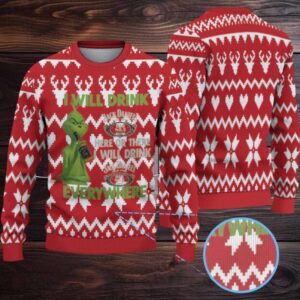 Red Reindeer Heart and Zigzag Fair Isle Ugly Christmas Sweater Jack Daniel’s Whiskey with Grinch
