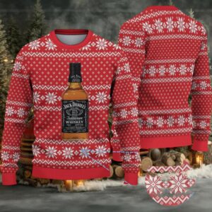 Red Snowflake Fair Isle Ugly Christmas Sweater Jack Daniel’s Tennessee Whiskey Bottle Pattern