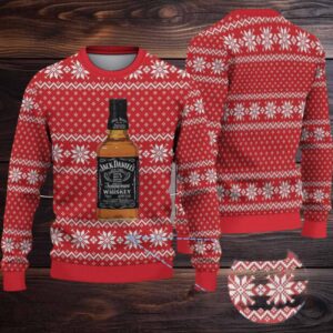 Red Snowflake Fair Isle Ugly Christmas Sweater Jack Daniel’s Tennessee Whiskey Bottle Pattern