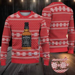 Red Snowflake Fair Isle Ugly Christmas Sweater Jack Daniel’s Tennessee Whiskey Bottle Pattern