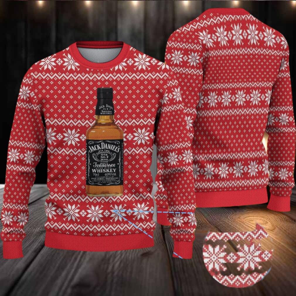 Red Snowflake Fair Isle Ugly Christmas Sweater Jack Daniel’s Tennessee Whiskey Bottle Pattern Red Snowflake Fair Isle Ugly Christmas Sweater Jack Daniel’s Tennessee Whiskey Bottle Pattern