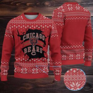 Red Snowflake Knit Pattern “Chicago Bears Logo Crack Design” Ugly Christmas Sweater