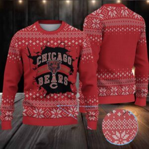 Red Snowflake Knit Pattern “Chicago Bears Logo Crack Design” Ugly Christmas Sweater