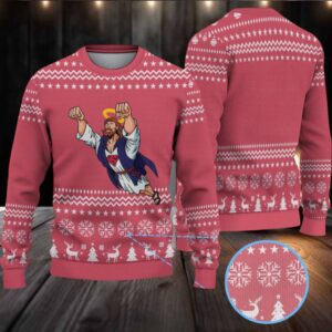 Red Snowflake Knit “Super Jesus” Ugly Christmas Sweater with Flying Savior and Holiday Pattern