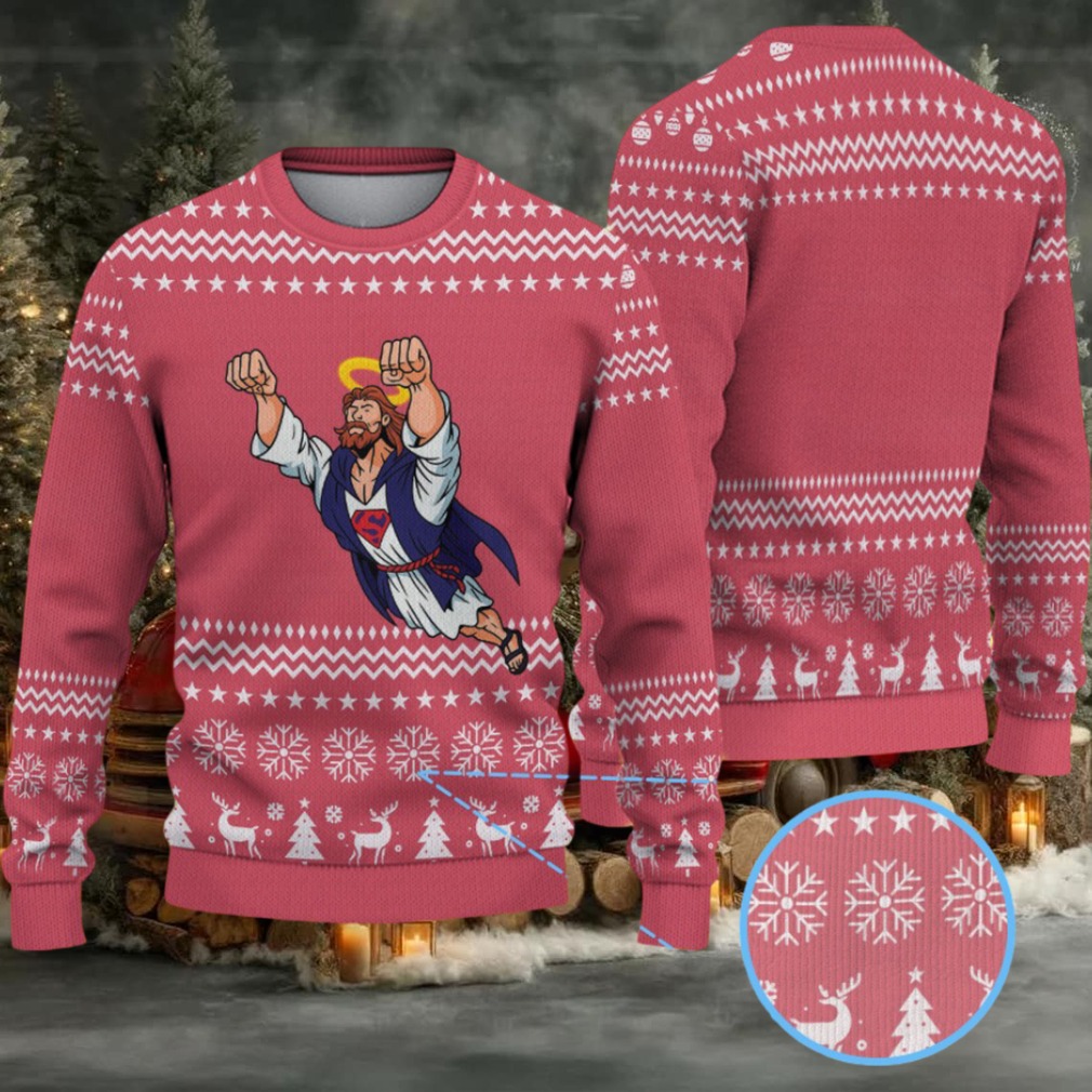 Red Snowflake Knit “Super Jesus” Ugly Christmas Sweater with Flying Savior and Holiday Pattern Red Snowflake Knit “Super Jesus” Ugly Christmas Sweater with Flying Savior and Holiday Pattern