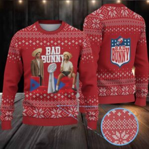 Red Snowflake Pattern “Bad Bunny Trophy Fiesta” Ugly Christmas Sweater
