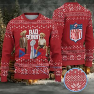 Red Snowflake Pattern “Bad Bunny Trophy Fiesta” Ugly Christmas Sweater