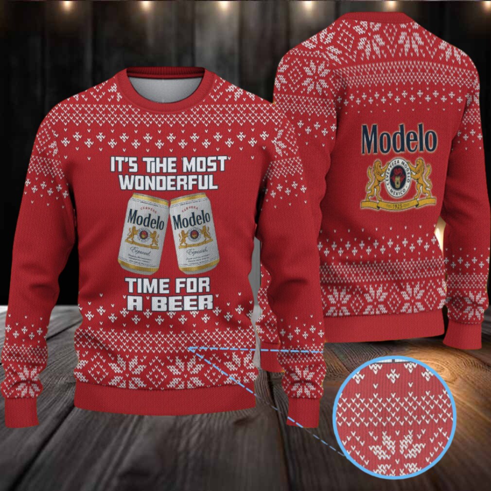Red Snowflake Pattern “Modelo Beer Holiday Spirit” Ugly Christmas Sweater Red Snowflake Pattern “Modelo Beer Holiday Spirit” Ugly Christmas Sweater